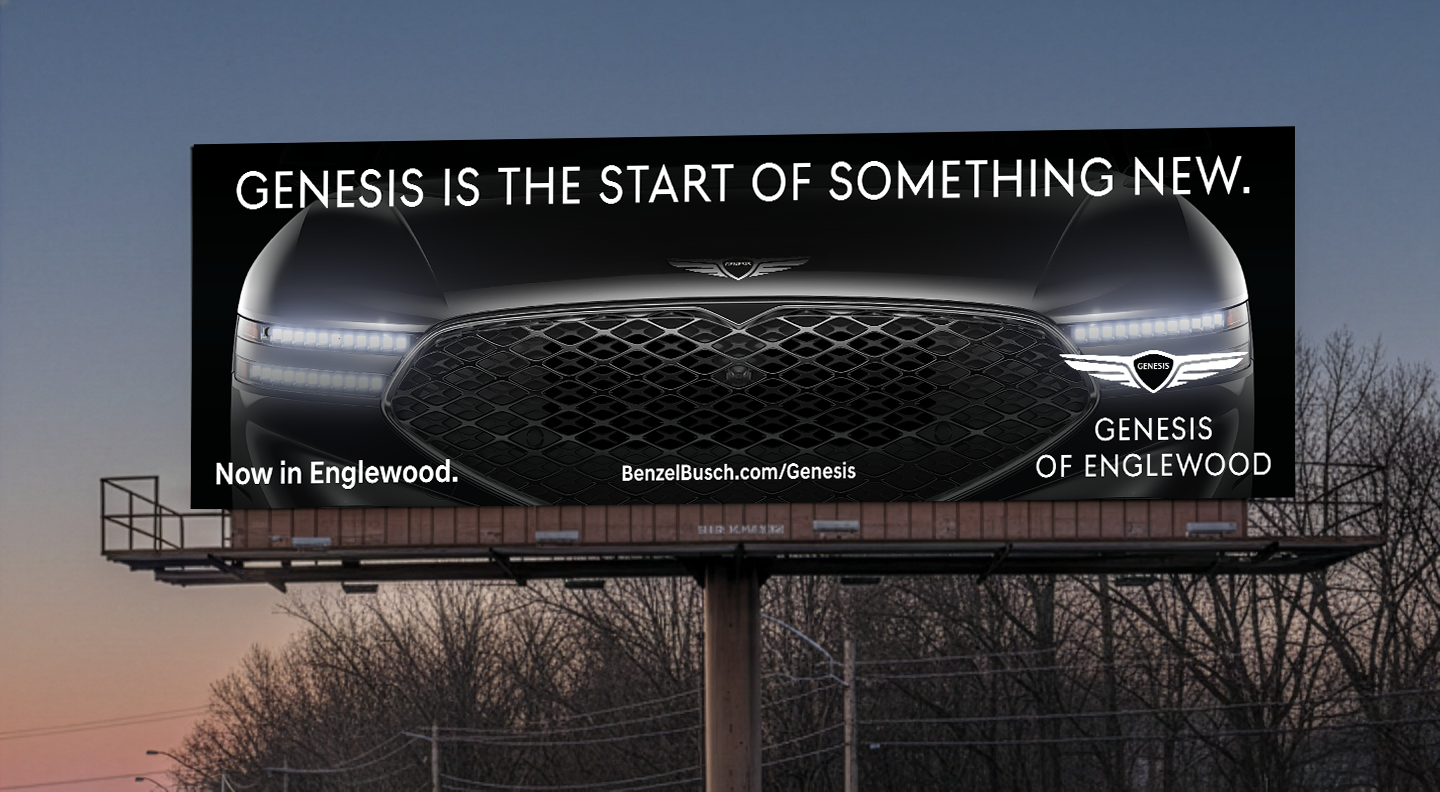 Genesis billboard ad that shows the grill of a Genesis vehicle and reads 'Genesis is the Start of Something New.'