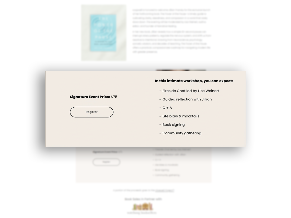 Example of an event registration modal on the Loopwell website