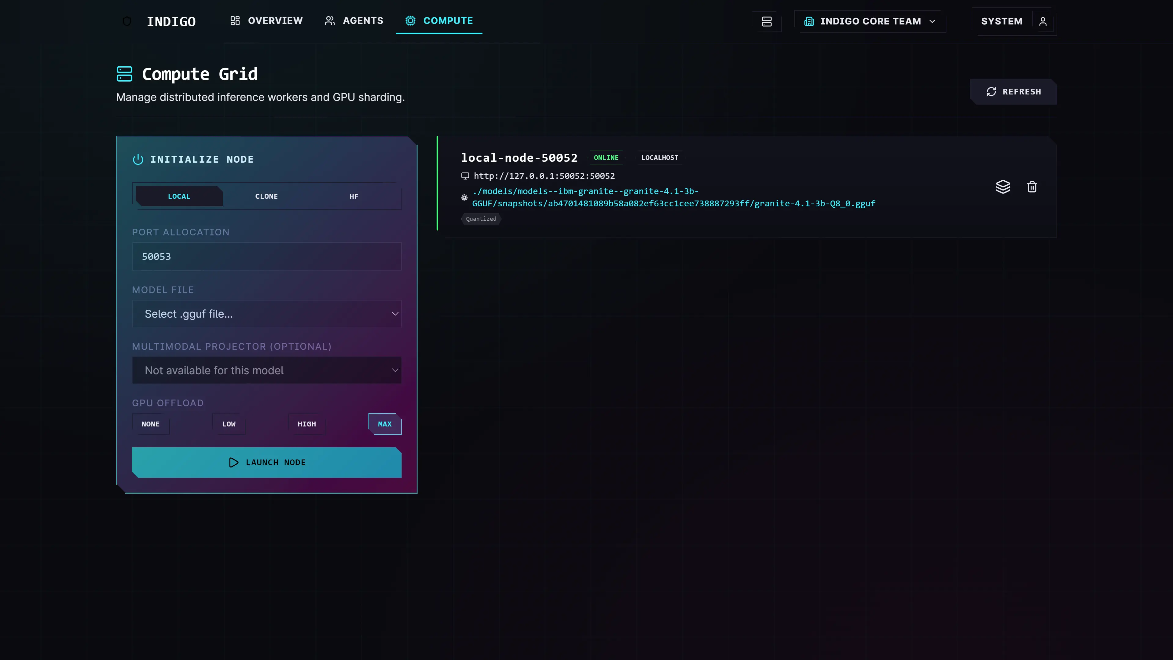 Indigo compute grid with a node initialization panel and an online local model worker