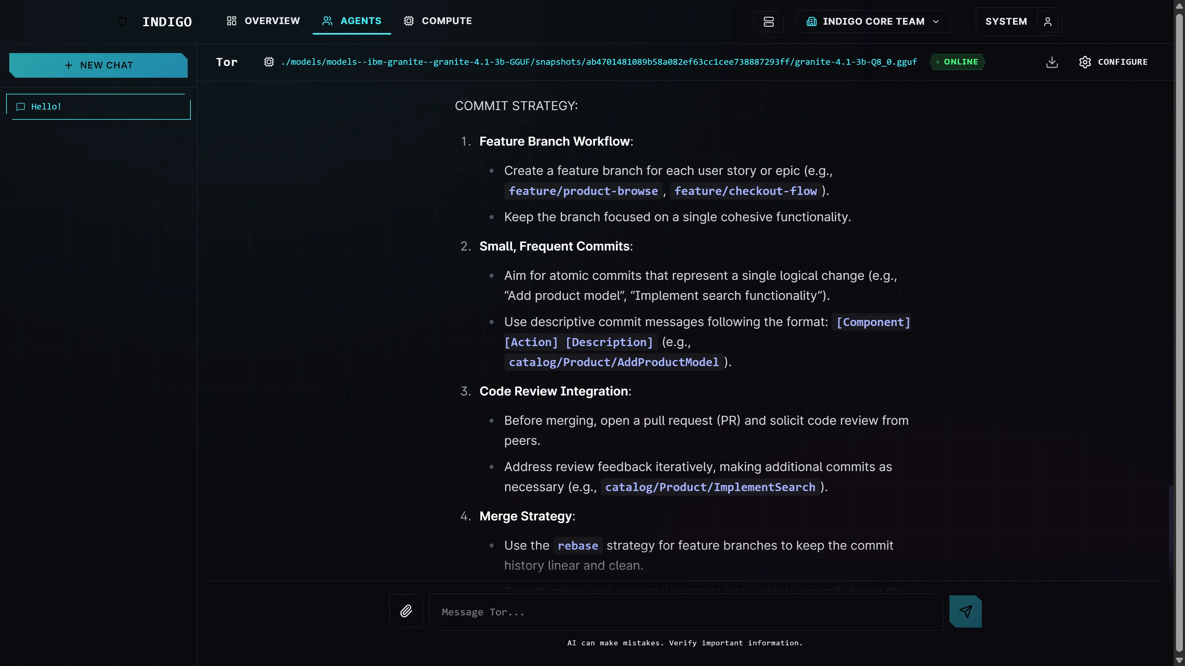 Indigo conversation workspace with a chat history sidebar, formatted model response, and message composer