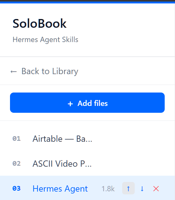 Solobook chapter sidebar with Add files, a selected chapter's word count, move-up and move-down controls, and a remove control