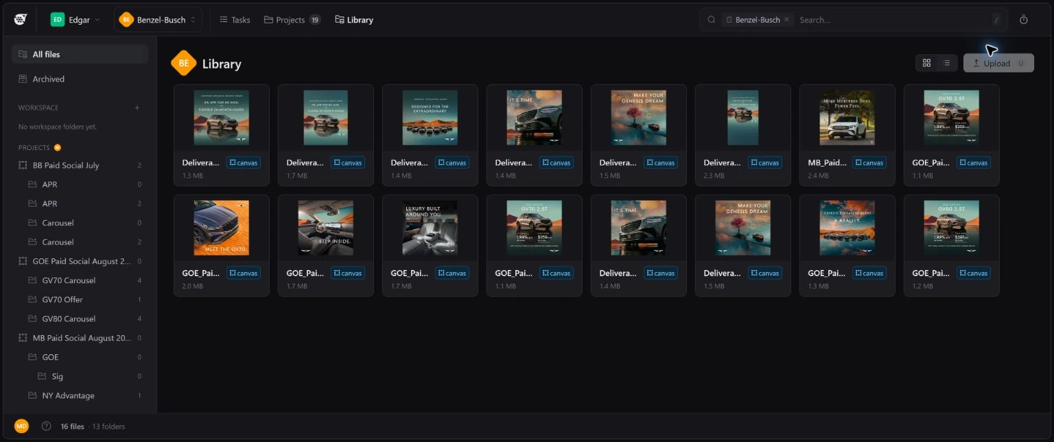 Cruio Benzel-Busch Library with 16 asset thumbnails and folders organized by project and group