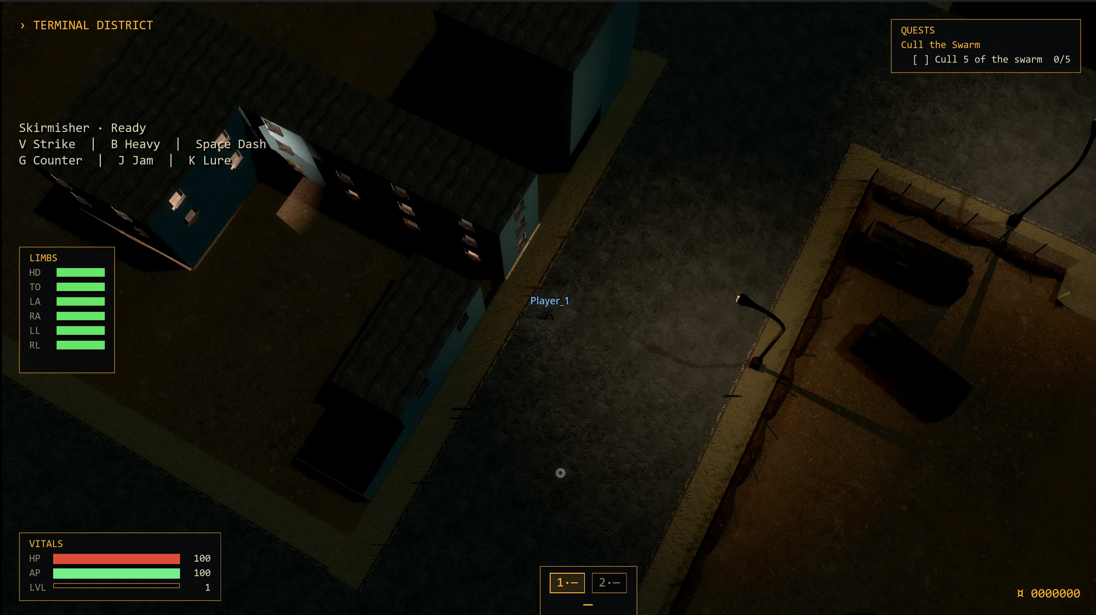 An overhead view of RAID’s Terminal District with the player on a street among buildings and streetlights