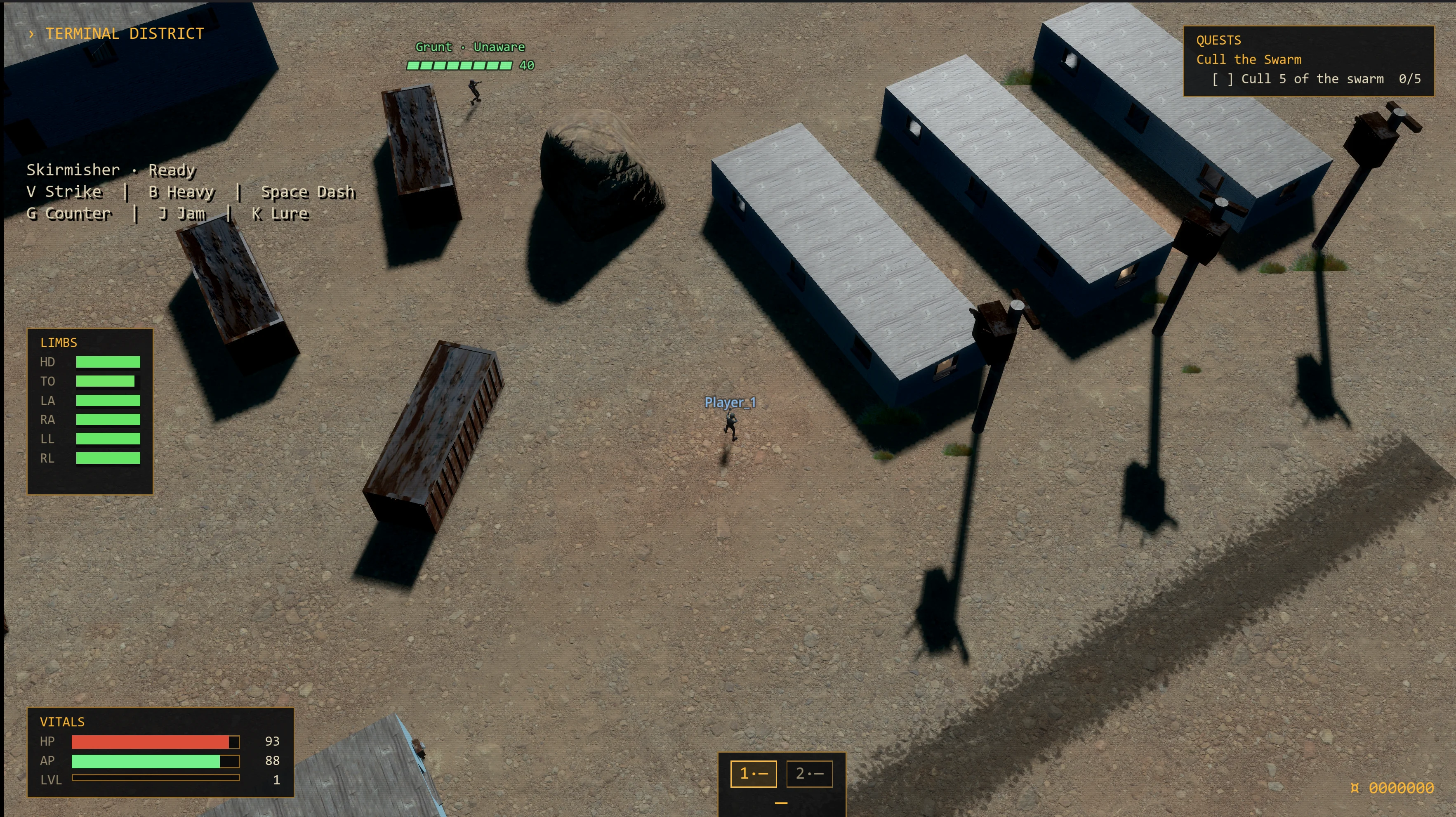 RAID gameplay showing a Grunt enemy marked Unaware with a health bar in the Terminal District