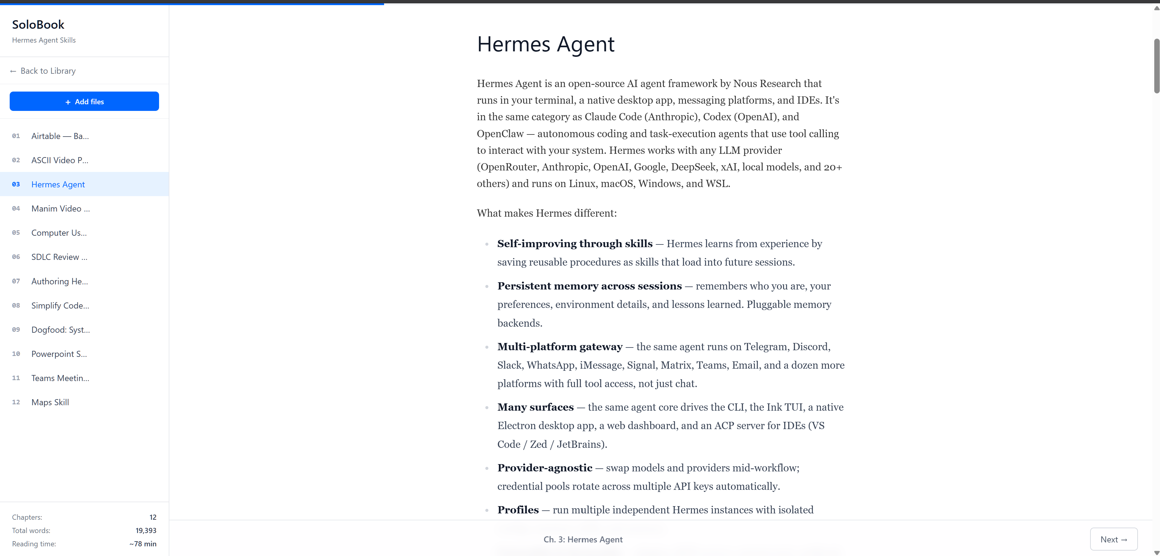 Solobook reader displaying a Hermes Agent reference chapter, chapter navigation, reading statistics, and a progress bar