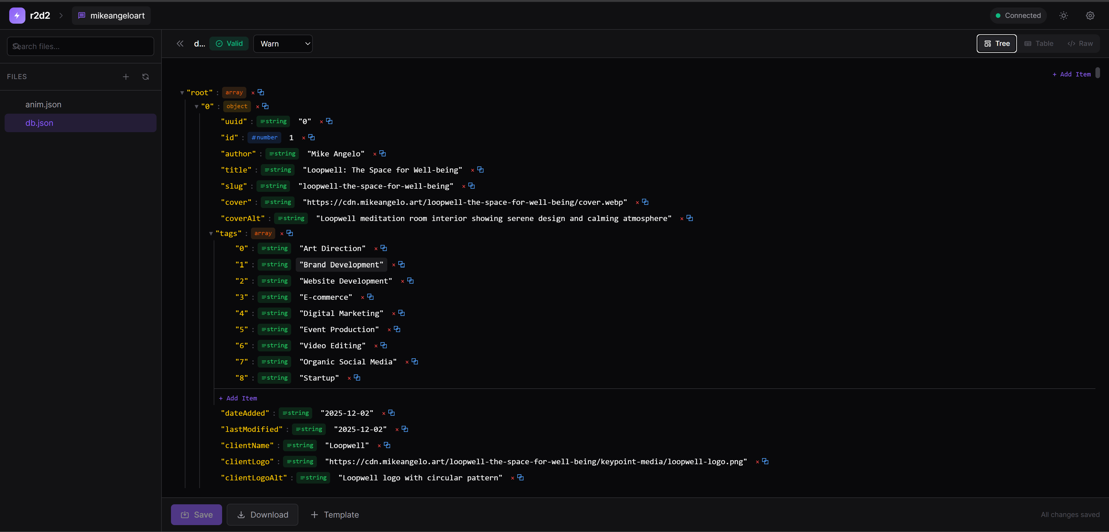 R2D2 editing the portfolio db.json in tree view with a bucket file browser, nested objects, typed values, and save controls